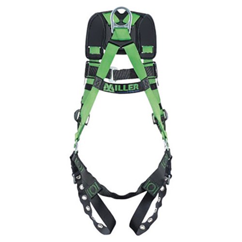 Construction harness, tongue-buckle legs